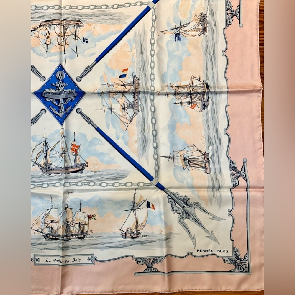 HERMES Never Worn Vintage “The Wooden Marine” Pink Carre 90 Silk Twill Scarf - Picture 10 of 16